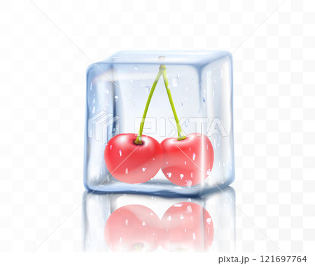 Fresh ripe cherry berries in ice cube isolated on transparent background. Frozen red cherry, realistic 3d vector illustration Fresh ripe cherry berries in ice cube isolated on transparent background. Frozen red cherry, realistic 3d vector illustration 121697764