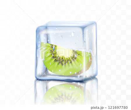 Fresh ripe kiwi slice in ice cube isolated on transparent background. Frozen piece of kiwi. Realistic 3d vector illustration 121697780