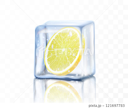 Fresh ripe lemon slice in ice cube isolated on transparent background. Frozen piece of lemon. Realistic 3d vector illustration 121697783