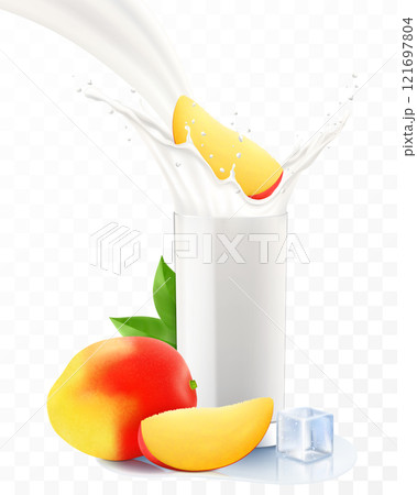 Mango falling in a glass of milk or yogurt. Sweet milk splashes. Fruit milkshake advertising banner, yogurt jet, flying drops, white drink in glass cup, Realistic 3d vector illustration, isolated Mango falling in a glass of milk or yogurt. Sweet milk splashes. Fruit milkshake advertising banner, yogurt jet, flying drops, white drink in glass cup, Realistic 3d vector illustration, isolated 121697804