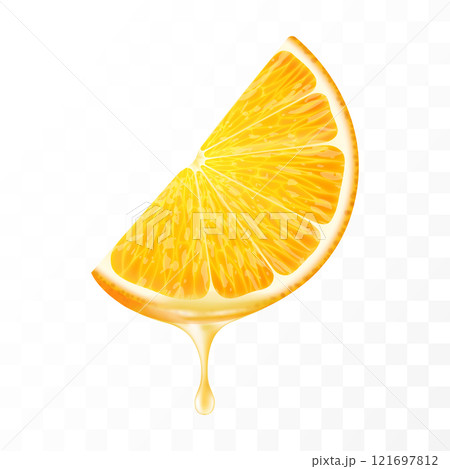 Sliced of orange with juice dripping isolated on transparent background. Fresh slice of orange with essential oil dripping. Juicy fruit. Fresh citrus design. Realistic 3d vector Sliced of orange with juice dripping isolated on transparent background. Fresh slice of orange with essential oil dripping. Juicy fruit. Fresh citrus design. Realistic 3d vector 121697812