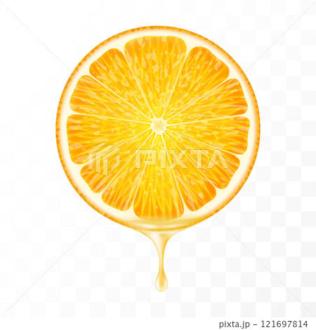 Sliced of orange with juice dripping isolated on transparent background. Fresh slice of orange with essential oil dripping. Juicy fruit. Fresh citrus design. Realistic 3d vector Sliced of orange with juice dripping isolated on transparent background. Fresh slice of orange with essential oil dripping. Juicy fruit. Fresh citrus design. Realistic 3d vector 121697814