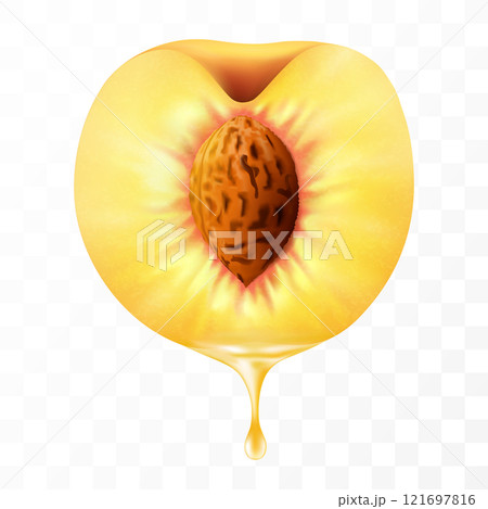 Sliced of peach with juice dripping isolated on transparent background. Fresh slice of peach with essential oil dripping. Juicy fruit. Fresh summer design. Realistic 3d vector 121697816