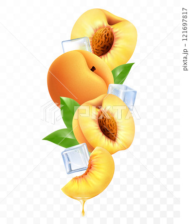 Fresh peach with ice cubes falling or flying. Composition of elements peach with leaves, whole peach, half and slices of peach, 3D realistic vector illustration isolated on transparent background Fresh peach with ice cubes falling or flying. Composition of elements peach with leaves, whole peach, half and slices of peach, 3D realistic vector illustration isolated on transparent background 121697817