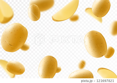 Falling washed raw potatoes, whole vegetables isolated on transparent background, selective focus. Realistic 3d vector illustration Falling washed raw potatoes, whole vegetables isolated on transparent background, selective focus. Realistic 3d vector illustration 121697821