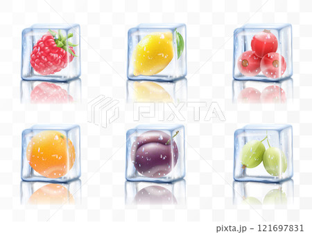 Juicy fruits in ice cubes, raspberry, lemon, plum, currant . Frozen goosberry, orange or grapefruit. Realistic 3d vector illustration. frozen berry for exotic summer cocktail, alcohol drinks. 121697831