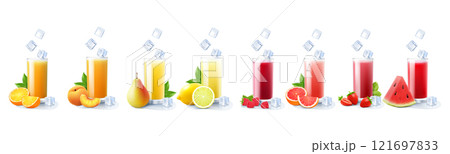 Glasses with juice isolated on white background. Set of different fruit and berry juices. Summer cool drinks. mango, multifruit, melon, banana, apple, kiwi, blackberry and blueberry. Realistic 3d 121697833