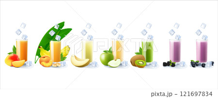 Glasses with juice isolated on white background. Set of different fruit and berry juices. Summer cool drinks. orange, peach, pear, lemon, raspberry, grapefruit, strawberry, watermelon Glasses with juice isolated on white background. Set of different fruit and berry juices. Summer cool drinks. orange, peach, pear, lemon, raspberry, grapefruit, strawberry, watermelon 121697834