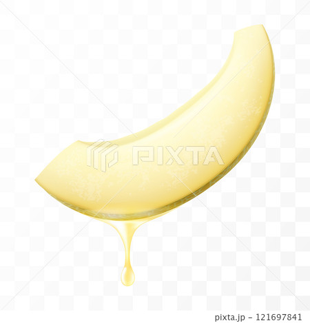 Sliced of melon with juice dripping isolated on transparent background. Fresh slice of melon with essential oil dripping. Juicy fruit. Fresh summer design. Realistic 3d vector Sliced of melon with juice dripping isolated on transparent background. Fresh slice of melon with essential oil dripping. Juicy fruit. Fresh summer design. Realistic 3d vector 121697841