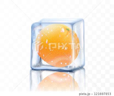Fresh ripe orange or grapefruit whole in ice cube isolated on transparent background. Frozen orange, realistic 3d vector illustration 121697853