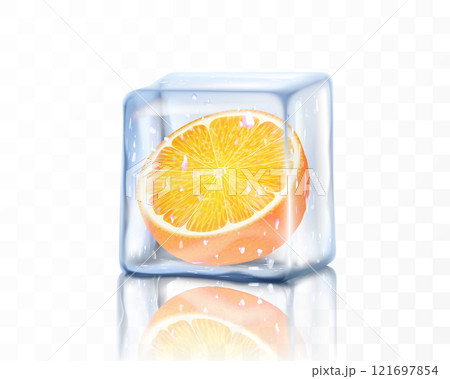 Fresh ripe orange half in ice cube isolated on transparent background. Frozen orange, realistic 3d vector illustration 121697854