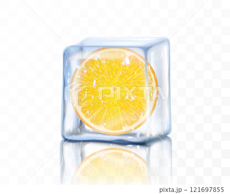 Fresh ripe orange slice in ice cube isolated on transparent background. Frozen piece of orange. Realistic 3d vector illustration 121697855