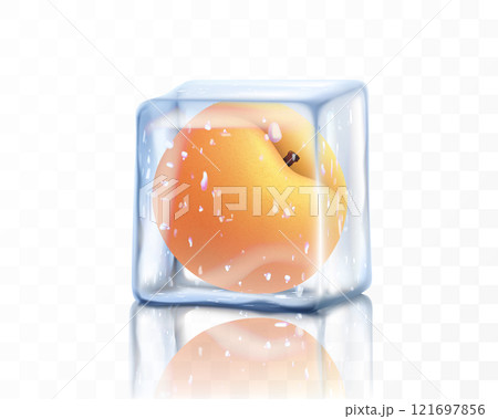 Fresh ripe peach in ice cube isolated on transparent background. Frozen peach fruit, realistic 3d vector illustration 121697856