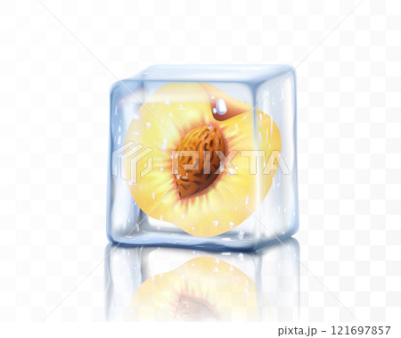 Fresh ripe peach half in ice cube isolated on transparent background. Frozen peach with a stone, realistic 3d vector illustration 121697857