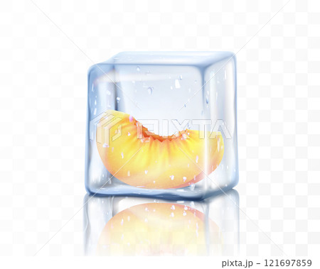 Fresh ripe peach slice in ice cube isolated on transparent background. Frozen piece of peach, realistic 3d vector illustration 121697859