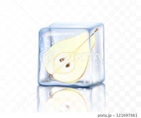 Half of a fresh ripe pear in an ice cube isolated on a transparent background. Frozen pear, realistic 3d vector illustration Half of a fresh ripe pear in an ice cube isolated on a transparent background. Frozen pear, realistic 3d vector illustration 121697861