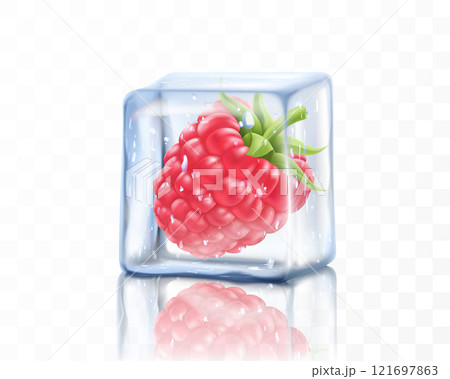 Fresh ripe raspberry in ice cube isolated on transparent background. Frozen red raspberry with a green leaf , realistic 3d vector illustration 121697863
