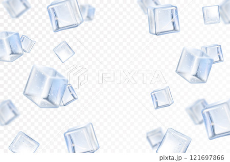 Falling ice cube, isolated on transparent background, selective focus. Flying ice cubes with blur effect . Realistic 3d vector illustration Falling ice cube, isolated on transparent background, selective focus. Flying ice cubes with blur effect . Realistic 3d vector illustration 121697866