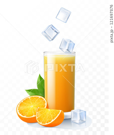 A glass of fresh orange juice with ice cubes falling into the glass. Cup of citrus smoothies with ripe orange, isolated on transparent background. Realistic 3d vector 121697876