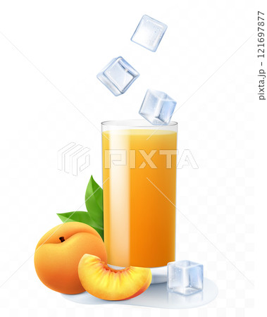 A glass of fresh peach juice or smoothie with ice cubes falling into the glass. Cup of cocktail or yogurt with ripe peach, isolated on transparent background. Realistic 3d vector A glass of fresh peach juice or smoothie with ice cubes falling into the glass. Cup of cocktail or yogurt with ripe peach, isolated on transparent background. Realistic 3d vector 121697877