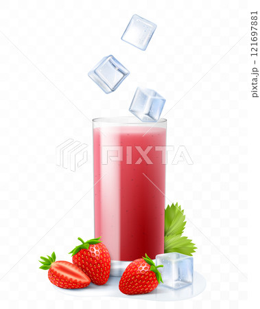Strawberry cocktail. Berry smoothie or yogurt. Summer refreshing drink with ice cubes and strawberry. Strawberry juice, lemonade. Realistic 3D vector illustration Strawberry cocktail. Berry smoothie or yogurt. Summer refreshing drink with ice cubes and strawberry. Strawberry juice, lemonade. Realistic 3D vector illustration 121697881