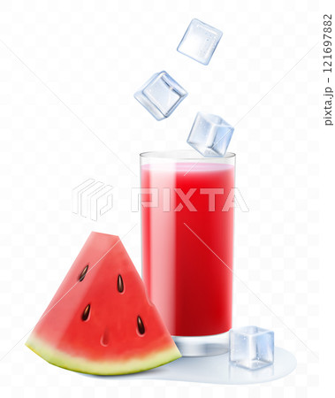 Watermelon cocktail. Fruit smoothie or yogurt. Summer refreshing drink with ice cubes and watermelon . Watermelon juice. Realistic 3D vector illustration 121697882
