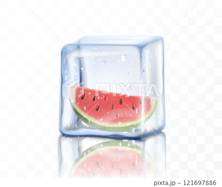 Fresh ripe watermelon half in ice cube isolated on transparent background. Frozen piece of watermelon, realistic 3d vector illustration Fresh ripe watermelon half in ice cube isolated on transparent background. Frozen piece of watermelon, realistic 3d vector illustration 121697886