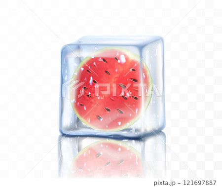 Fresh ripe watermelon half in ice cube isolated on transparent background. Frozen piece of watermelon, realistic 3d vector illustration Fresh ripe watermelon half in ice cube isolated on transparent background. Frozen piece of watermelon, realistic 3d vector illustration 121697887