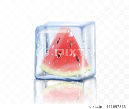 Fresh ripe watermelon half in ice cube isolated on transparent background. Frozen piece of watermelon, realistic 3d vector illustration Fresh ripe watermelon half in ice cube isolated on transparent background. Frozen piece of watermelon, realistic 3d vector illustration 121697888