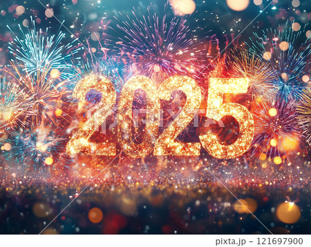 Vibrant '2025' celebration with bold glowing text surrounded by colorful fireworks and festive sparkles 121697900
