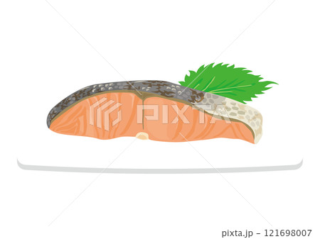 皿に乗った焼き鮭のイラスト 121698007
