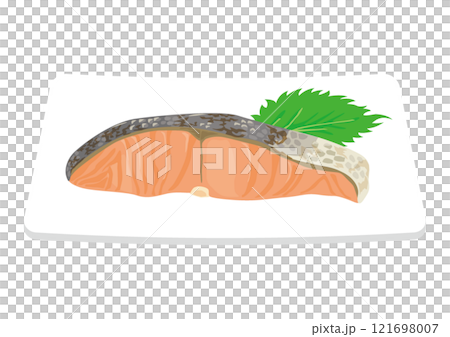 皿に乗った焼き鮭のイラスト 121698007