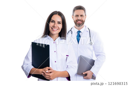 healthcare and medicine. Medicine doctor hold clipboard. medical and healthcare workers in hospital isolated on white. two doctors internist in medicine service. Health insurance. Hospital clipboard healthcare and medicine. Medicine doctor hold clipboard. medical and healthcare workers in hospital isolated on white. two doctors internist in medicine service. Health insurance. Hospital clipboard 121698315