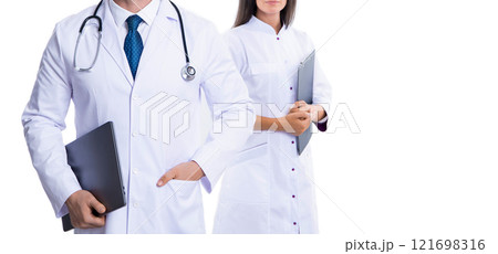 Medicine doctor hold clipboard. medical and healthcare workers in hospital isolated on white. two doctors internist in medicine service. Health insurance. healthcare and medicine. cropped view 121698316