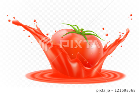 Realistic ripe tomato in red juicy splash. 3d Vector tomato juice explosion for healthy, organic product packaging design. Splashing fresh drink, flowing tomato juice motion 121698368