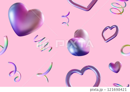 Seamless pattern with iridescent hearts and abstract spirals on pastel pink background. Colorful metallic effect creates modern, festive mood, ideal for Valentine's Day designs, fashion prints. 3D. Seamless pattern with iridescent hearts and abstract spirals on pastel pink background. Colorful metallic effect creates modern, festive mood, ideal for Valentine's Day designs, fashion prints. 3D. 121698421