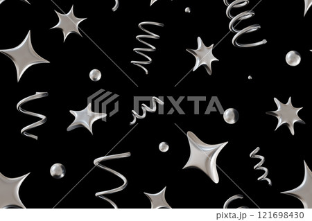 Seamless pattern with chrome 3D abstract shapes including stars, spirals, and spheres on black background. Ideal for digital designs, fashion prints, festive decorations, modern branding projects. 121698430
