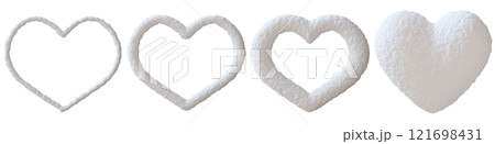 Set of snowy hearts, isolated on white background. Various heart shapes, full and just border, outline. Ideal for winter-themed designs, holiday or seasonal graphics. Christmas, New Year. 3D render. 121698431