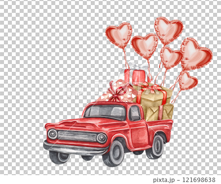 Valentine red truck with gift box,balloons. Watercolor Valentine's Day car, love wedding car graphics. Loads of love postcard 121698638