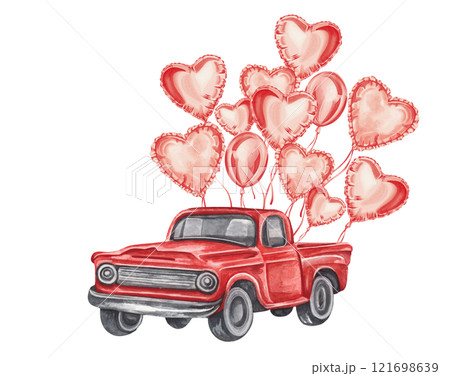 Valentine red truck with gift box,balloons. Watercolor Valentine's Day car, love wedding car graphics. Loads of love postcard 121698639