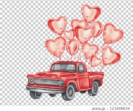 Valentine red truck with gift box,balloons. Watercolor Valentine's Day car, love wedding car graphics. Loads of love postcard 121698639