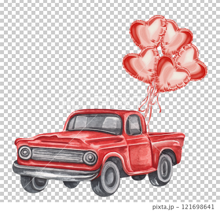 Valentine red truck with gift box,balloons. Watercolor Valentine's Day car, love wedding car graphics. Loads of love postcard 121698641