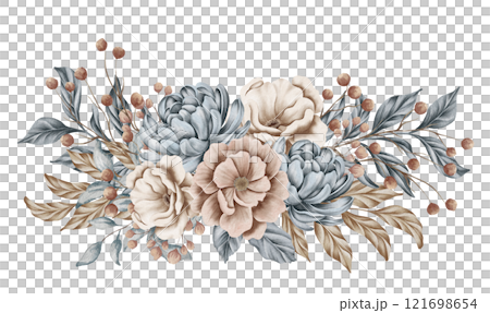 Trendy leaves, blush and rust rose wedding bouquet. Dried flower. Beige, gold, brown, rust, taupe. Watercolor hand drawn arrangements 121698654