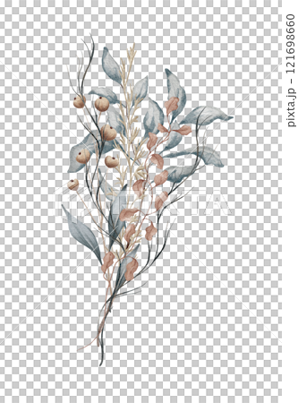 Trendy leaves, blush and rust rose wedding bouquet. Dried flower. Beige, gold, brown, rust, taupe. Watercolor hand drawn arrangements 121698660