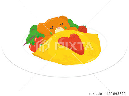 お皿に乗ったかわいいデコオムライスのイラスト お皿に乗ったかわいいデコオムライスのイラスト 121698832