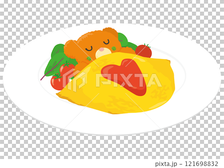 お皿に乗ったかわいいデコオムライスのイラスト お皿に乗ったかわいいデコオムライスのイラスト 121698832