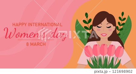 Poster, postcard with a girl with flowers for International Women's Day 121698902