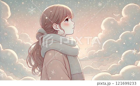 雪の降る空を見上げる女性 121699233