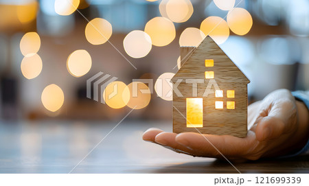 Real estate investment concept with a house model and stacked coins on financial charts. 121699339
