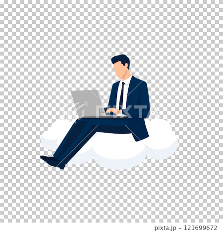 雲の上で仕事するビジネスマン、クラウドサービスのイメージイラスト、ベクター 雲の上で仕事するビジネスマン、クラウドサービスのイメージイラスト、ベクター 121699672